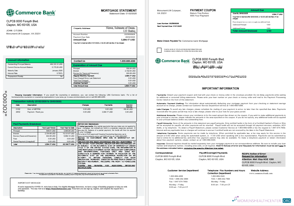 Download USA Commerce bank mortgage statement in Word and PDF formats 1 2 Photoshop template